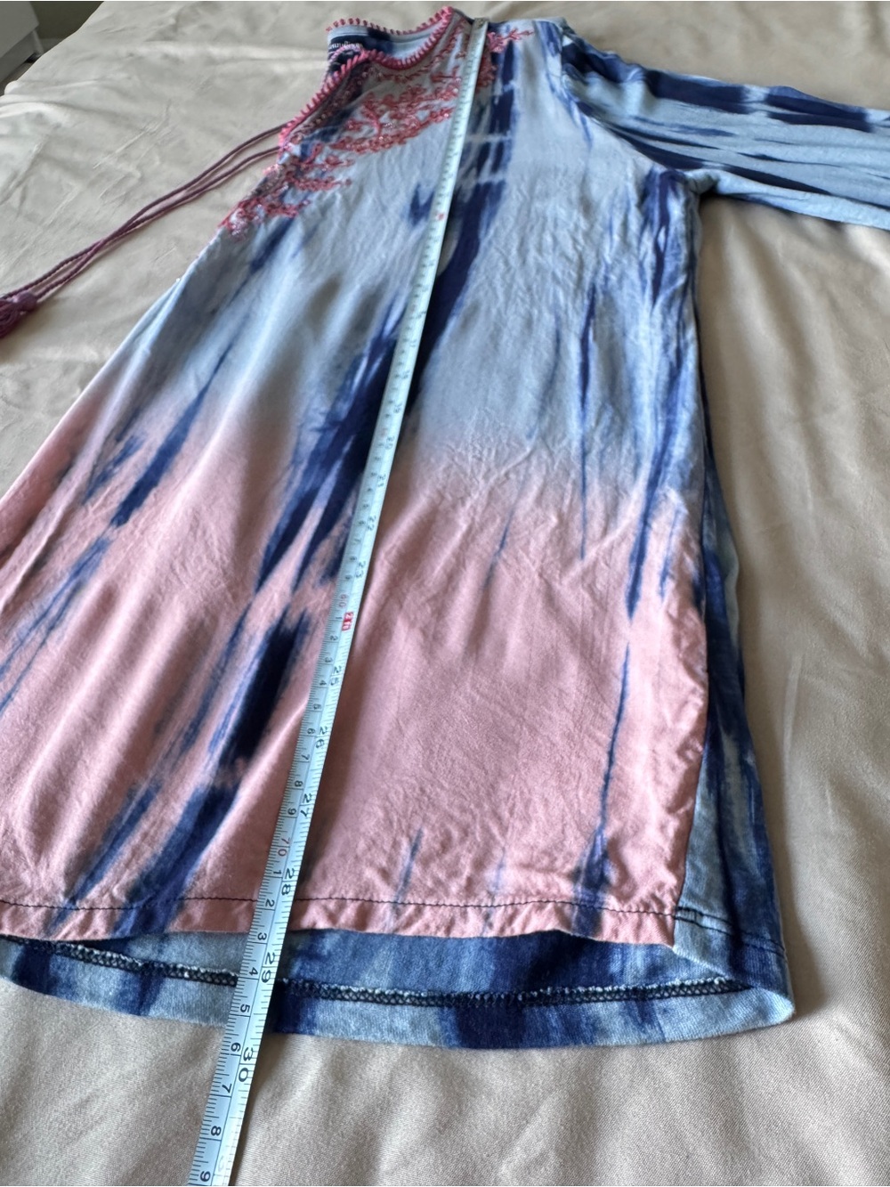 Soft Surroundings XL Embroidered Tie Dye Tunic Boho Viscose Pink Blue Tassels - Picture 9 of 10